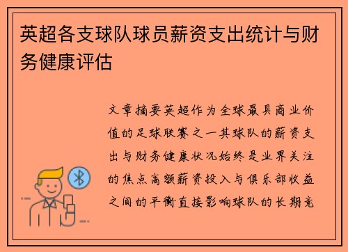 英超各支球队球员薪资支出统计与财务健康评估