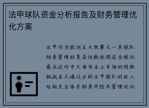 法甲球队资金分析报告及财务管理优化方案