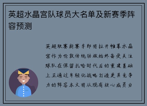 英超水晶宫队球员大名单及新赛季阵容预测
